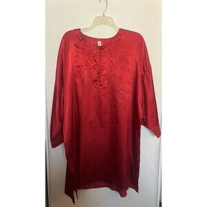 Ashley Stewart Red Satin Floral Embroidered Caftan Tunic Top 3X 3/4 Sleeve